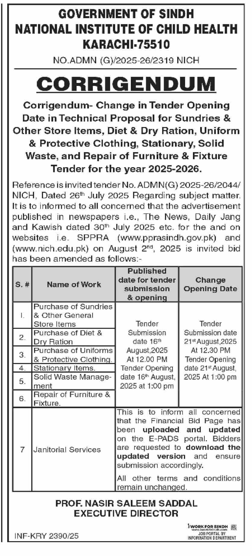 National Institute of Child Health Karachi Tender Notice